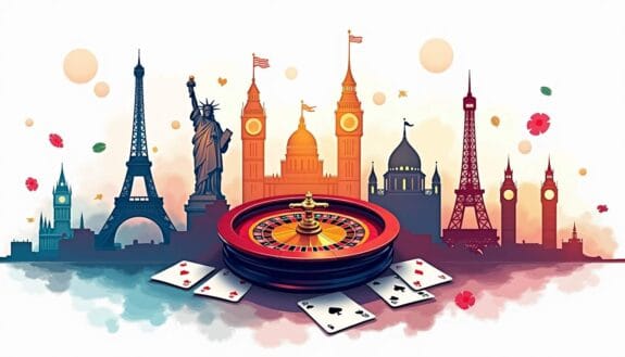 An inviting and vibrant casino scene featuring iconic gaming elements like roulette wheels