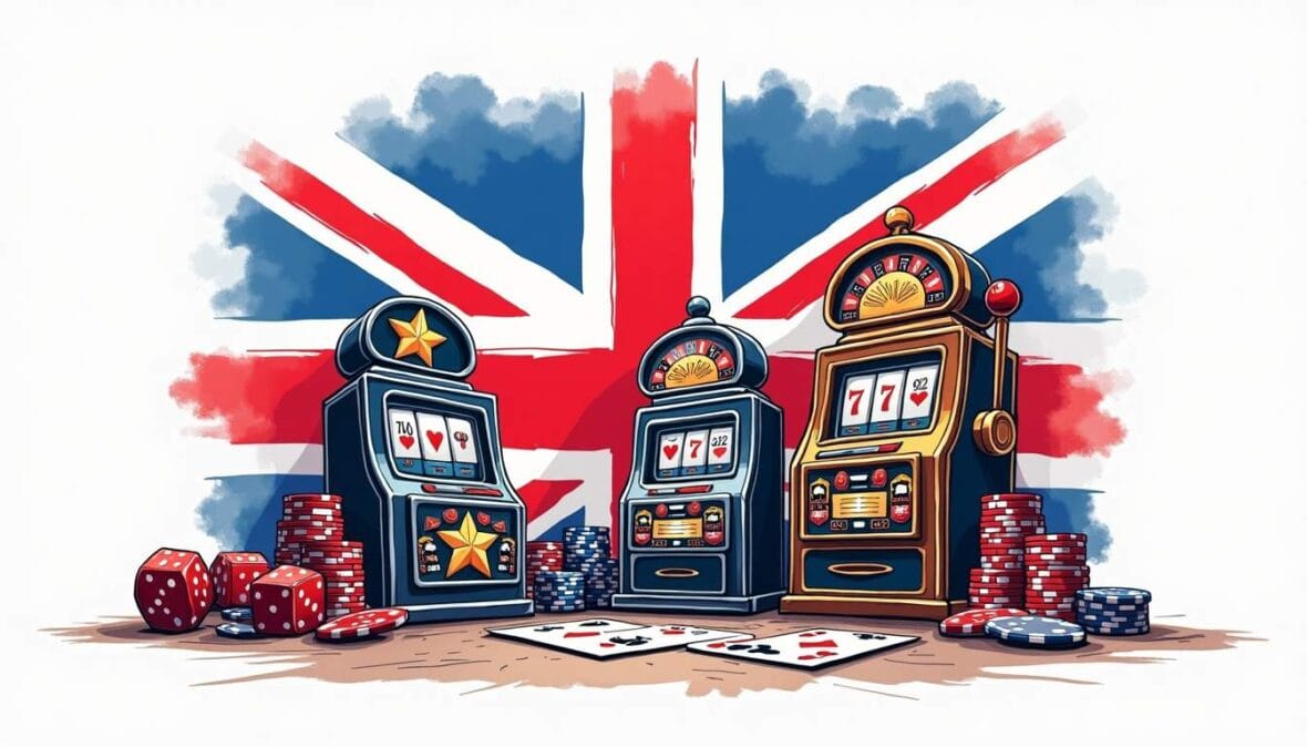 An abstract representation of a casino environment featuring iconic elements like playing cards