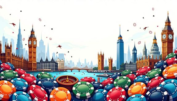 A vibrant and diverse landscape featuring iconic symbols of various international casinos