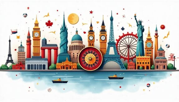 An array of iconic international landmarks and symbols representing various countries