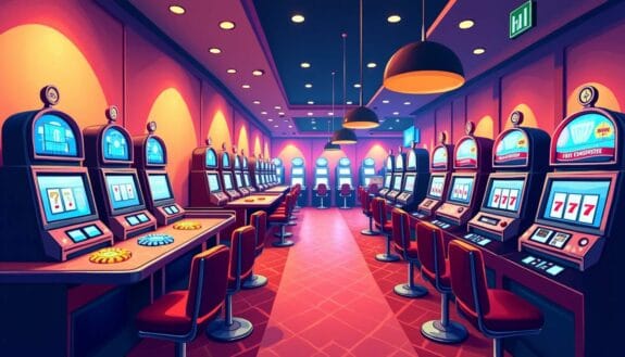 An inviting casino scene featuring a vibrant gaming floor with iconic slot machines