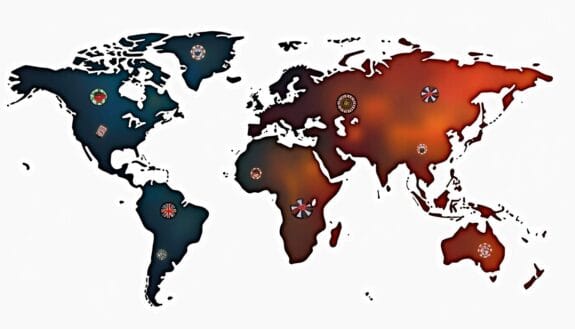 An intricate world map highlighting various countries with symbols representing different types of gambling activities