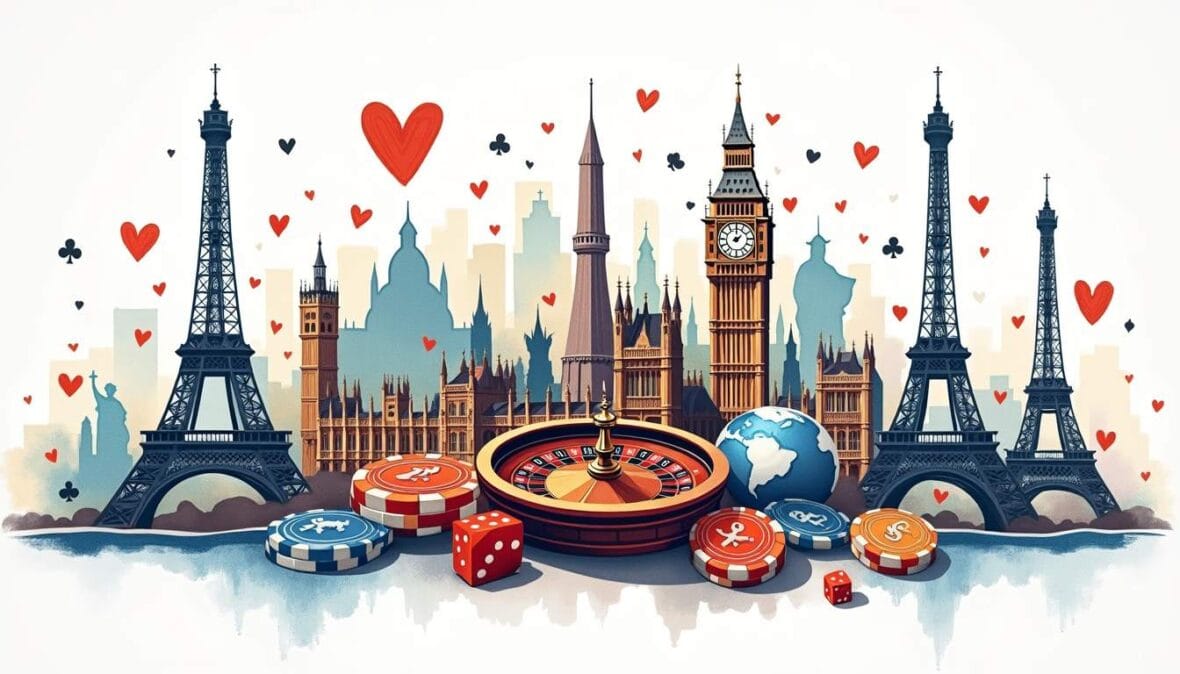 An array of iconic international landmarks and symbols representing various countries