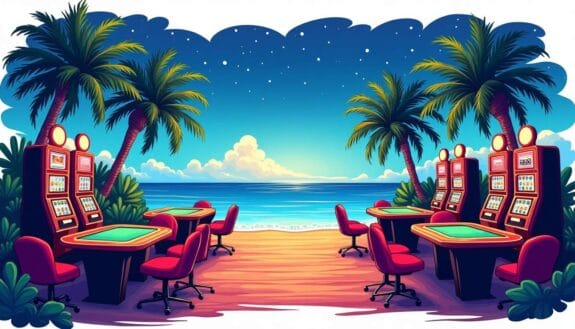 An inviting offshore casino scene featuring a vibrant gaming floor with colorful slot machines