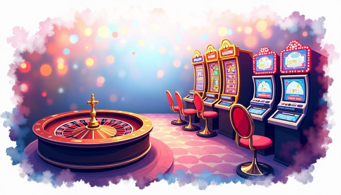 A vibrant casino scene featuring various gaming elements like slot machines