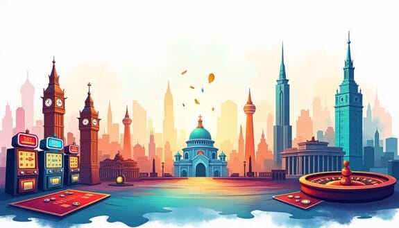 An inviting and vibrant gaming landscape featuring various gaming elements such as colorful slot machines