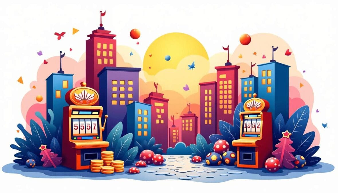 An imaginative landscape featuring various iconic symbols of gambling