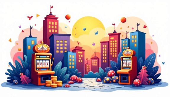 An imaginative landscape featuring various iconic symbols of gambling