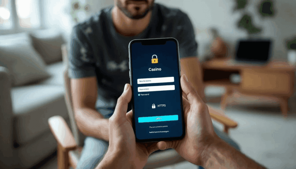 A person is seen using a smartphone to register at an online casino, displaying a secure login screen that emphasizes safety and privacy. This image represents the convenience of accessing USA online casinos, which cater to UK players looking to enjoy a variety of casino games and bonuses.